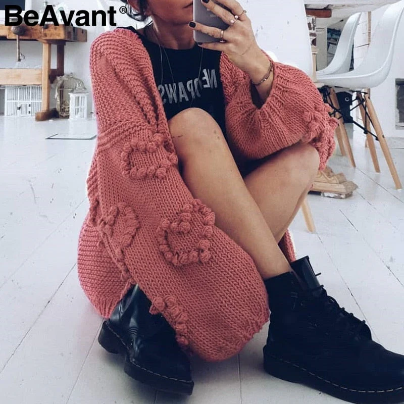 Christmas Gift  Loose women knitted cardigans Lantern sleeve heart crochet oversize sweaters Autumn winter female cardigan coats outwear - Deanwangkt