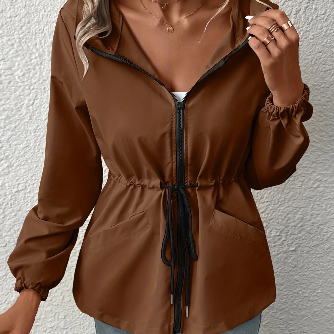 deanwangkt-1 Solid Drawstring Windproof Jacket, Casual Long Sleeve Hooded Zip Up Outerwear With Pockets, Women's Clothing - Deanwangkt