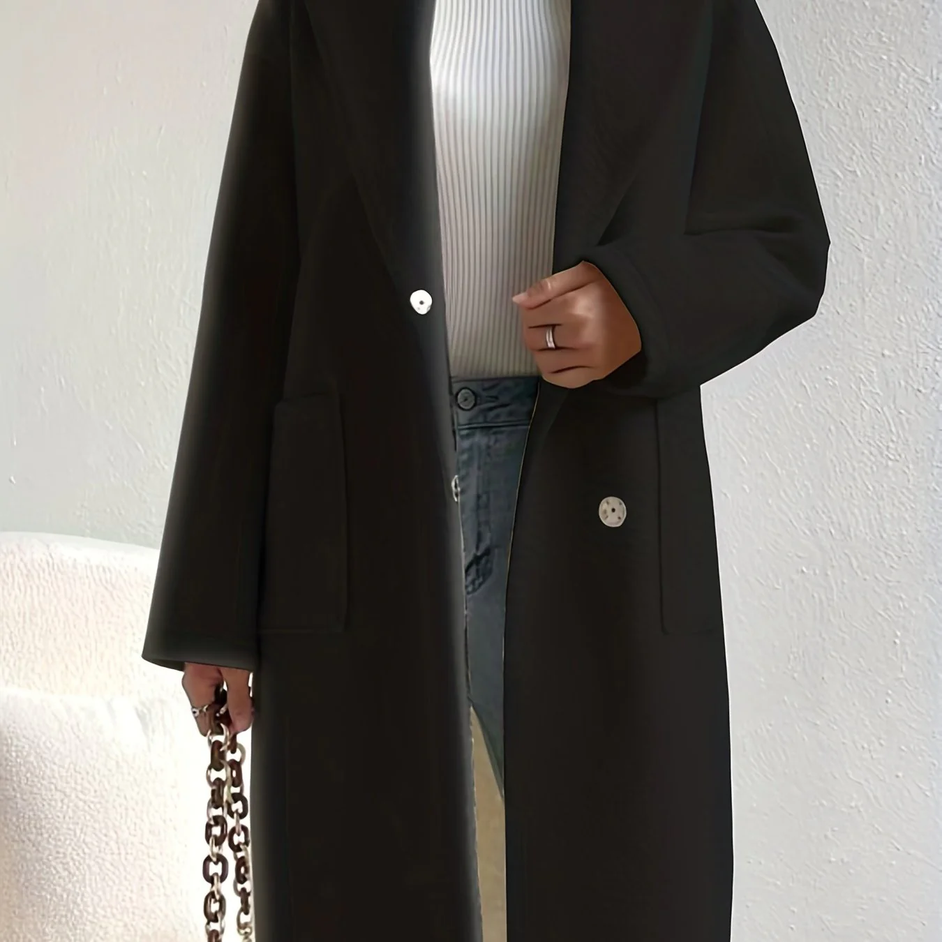 deanwangkt-1  Button Front Lapel Overcoat, Elegant Solid Long Sleeve Winter Outerwear, Women's Clothing - Deanwangkt