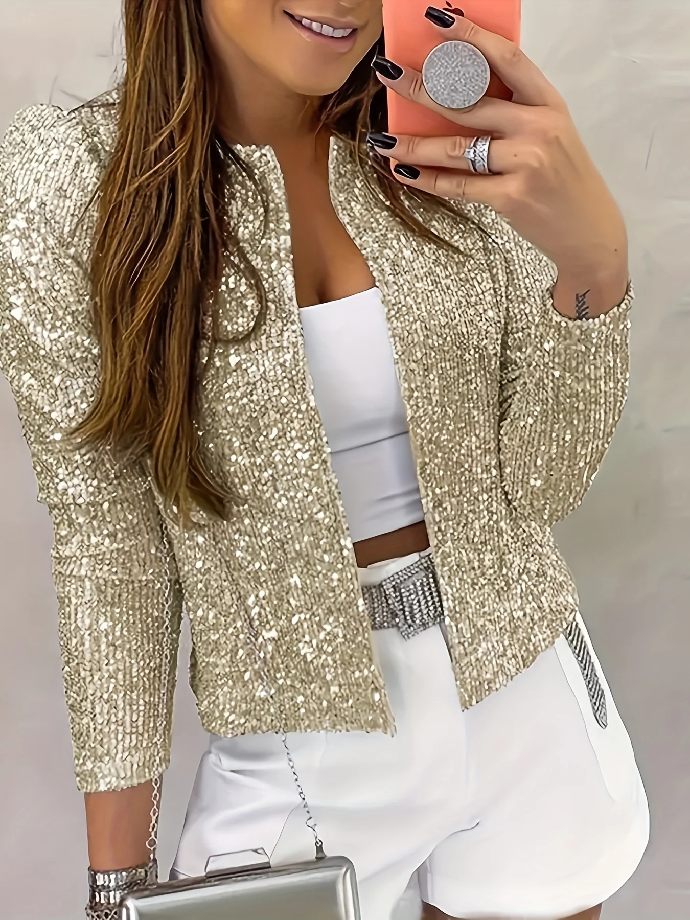 deanwangkt-1  Solid Crew Neck Sequined Jacket, Long Sleeve Casual Every Day Top For Spring & Fall, Women's Clothing - Deanwangkt