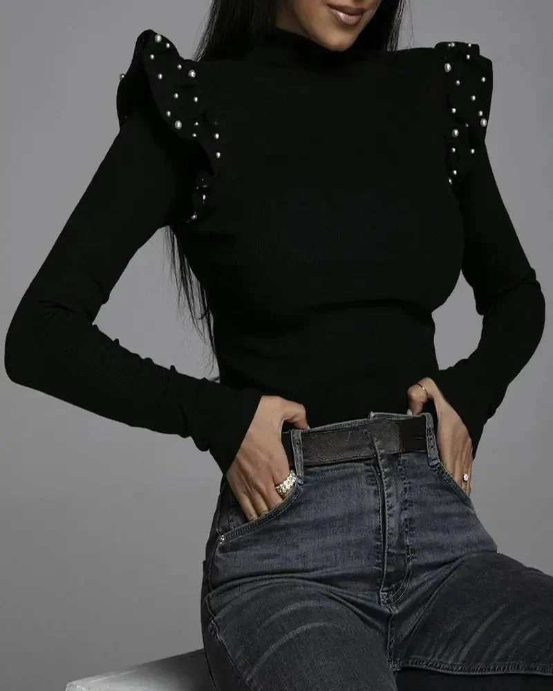 Deanwangkt - Long sleeve tight top with pearls and ruffles - Deanwangkt
