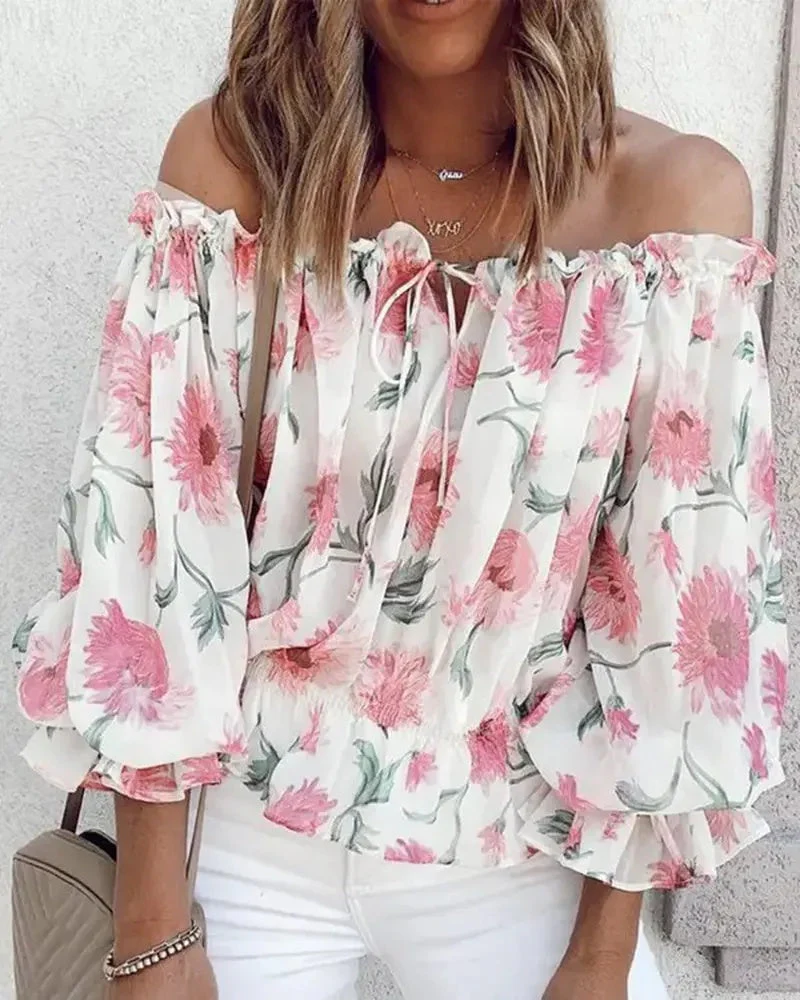 Deanwangkt - Off The Shoulder Floral Print Lantern Sleeve Top - Deanwangkt