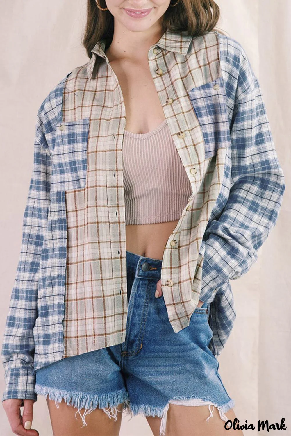 Deanwangkt - Pink Plaid Button Down Long Sleeve Shirt With Color Block Pocket - Deanwangkt