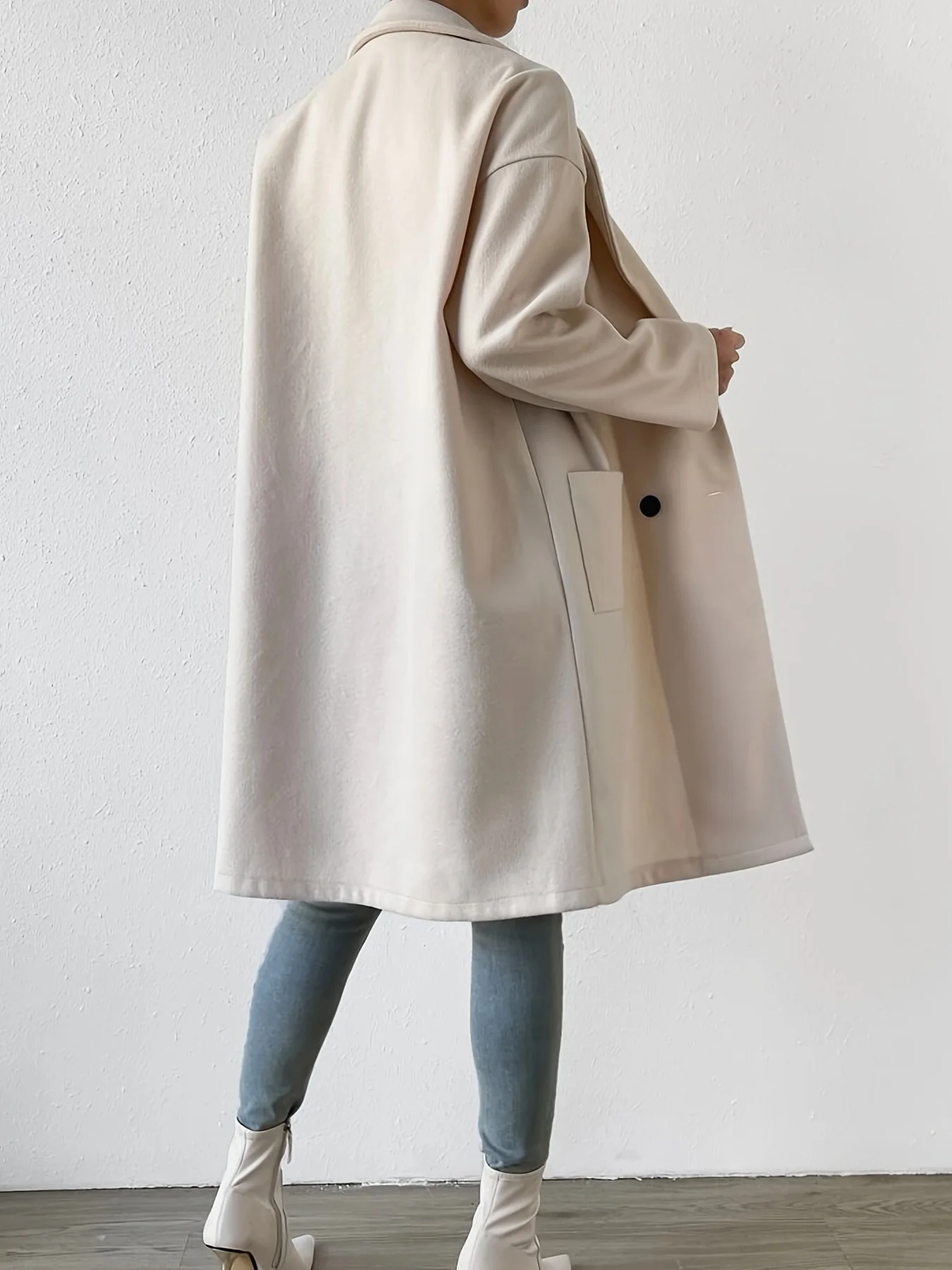 deanwangkt-1  Double Breasted Solid Overcoat, Elegant Lapel Long Sleeve Outerwear, Women's Clothing - Deanwangkt