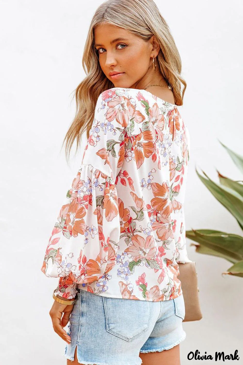Deanwangkt - Orange floral print puff sleeve shirt with smocked cuffs - Deanwangkt