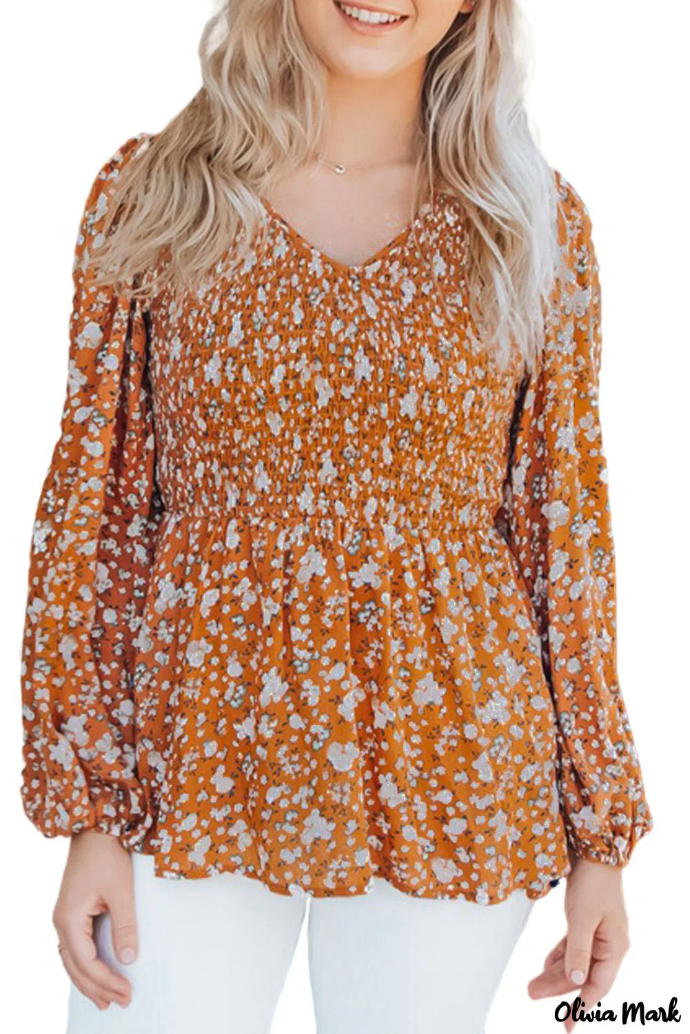 Deanwangkt - Orange Floral Print Ruched Long Sleeve V-Neck Blouse - Deanwangkt