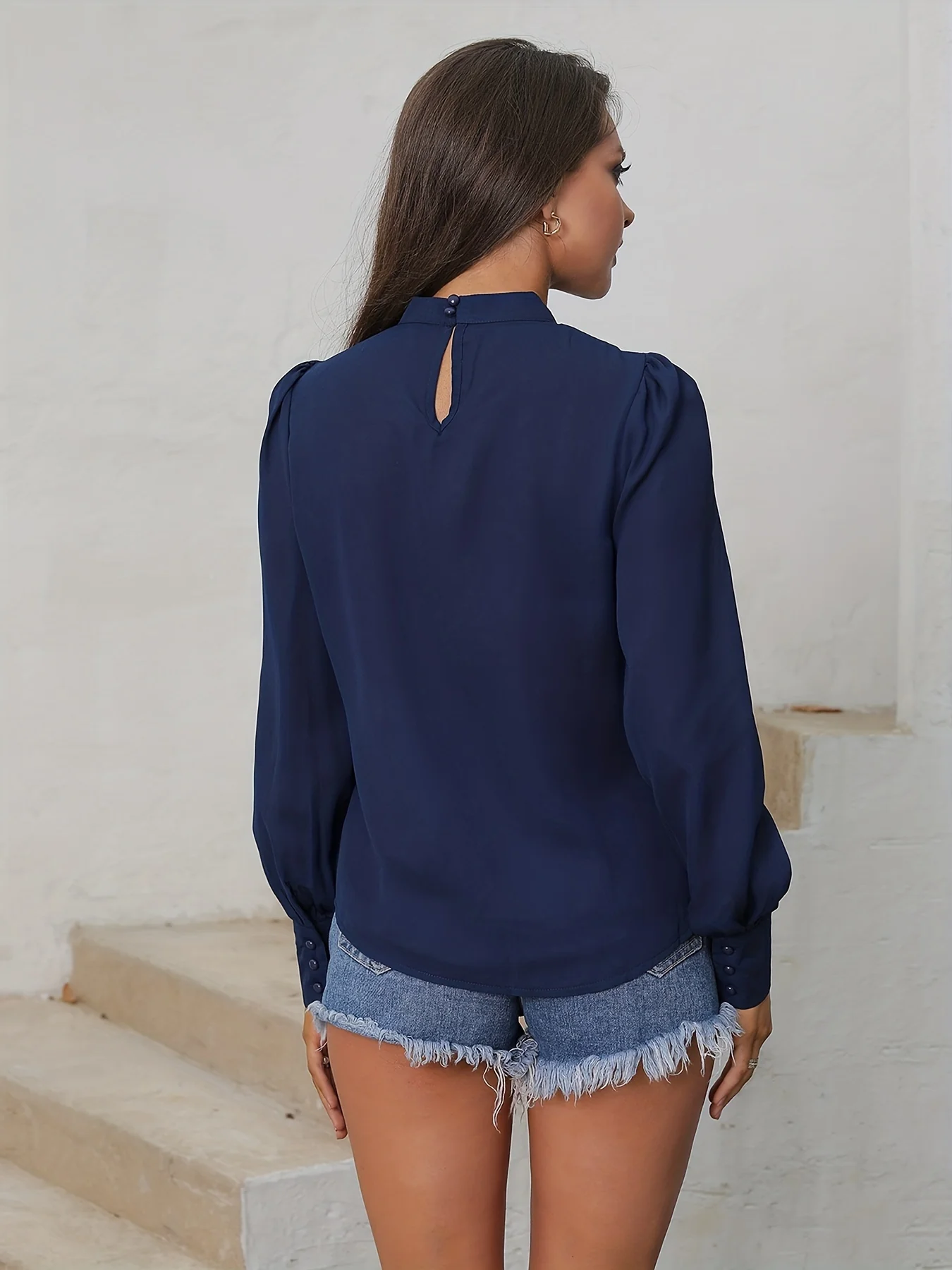 Women's Blouse Court Sleeve Chest Pleated Collar Long Sleeve Chiffon Blouse - Deanwangkt