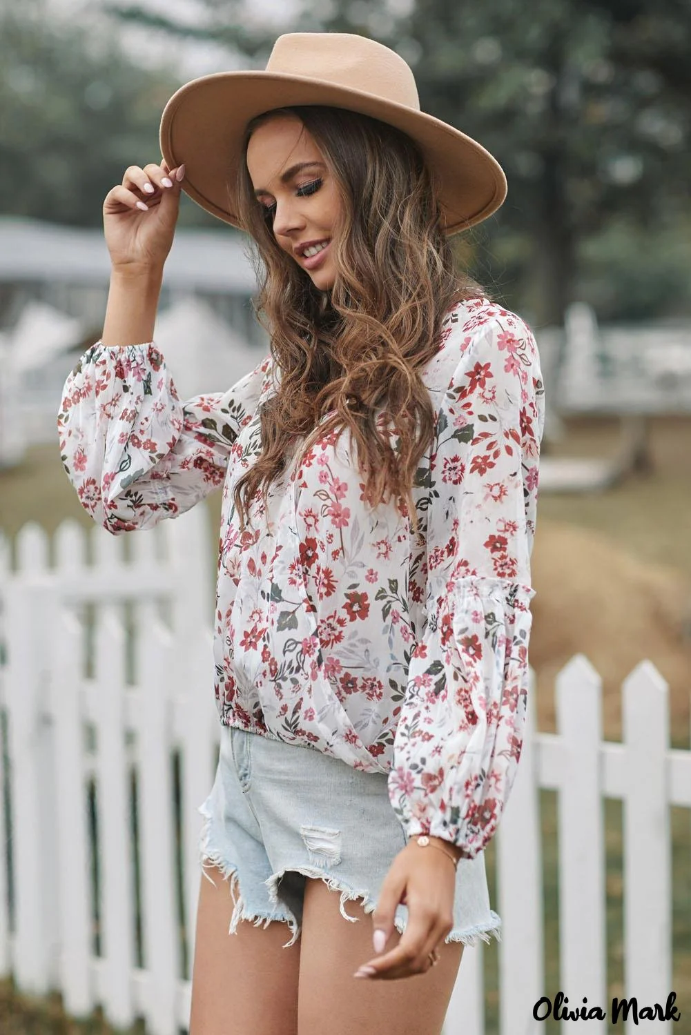 Deanwangkt - Multicolor Draped V-Neck Floral Lantern Sleeve Blouse - Deanwangkt