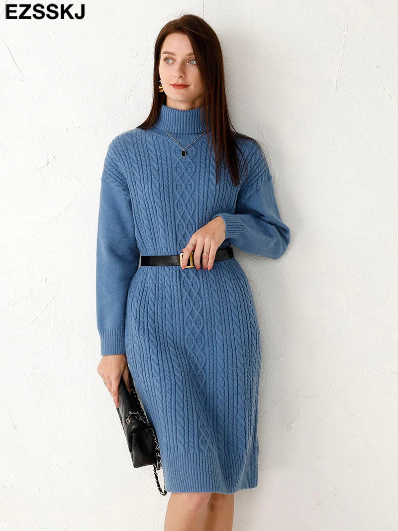 Christmas Gift Deanwangkt autumn winter thick straight maxi sweater dress women high neck long sweater dress elegant female loose Warm maix  dress - Deanwangkt
