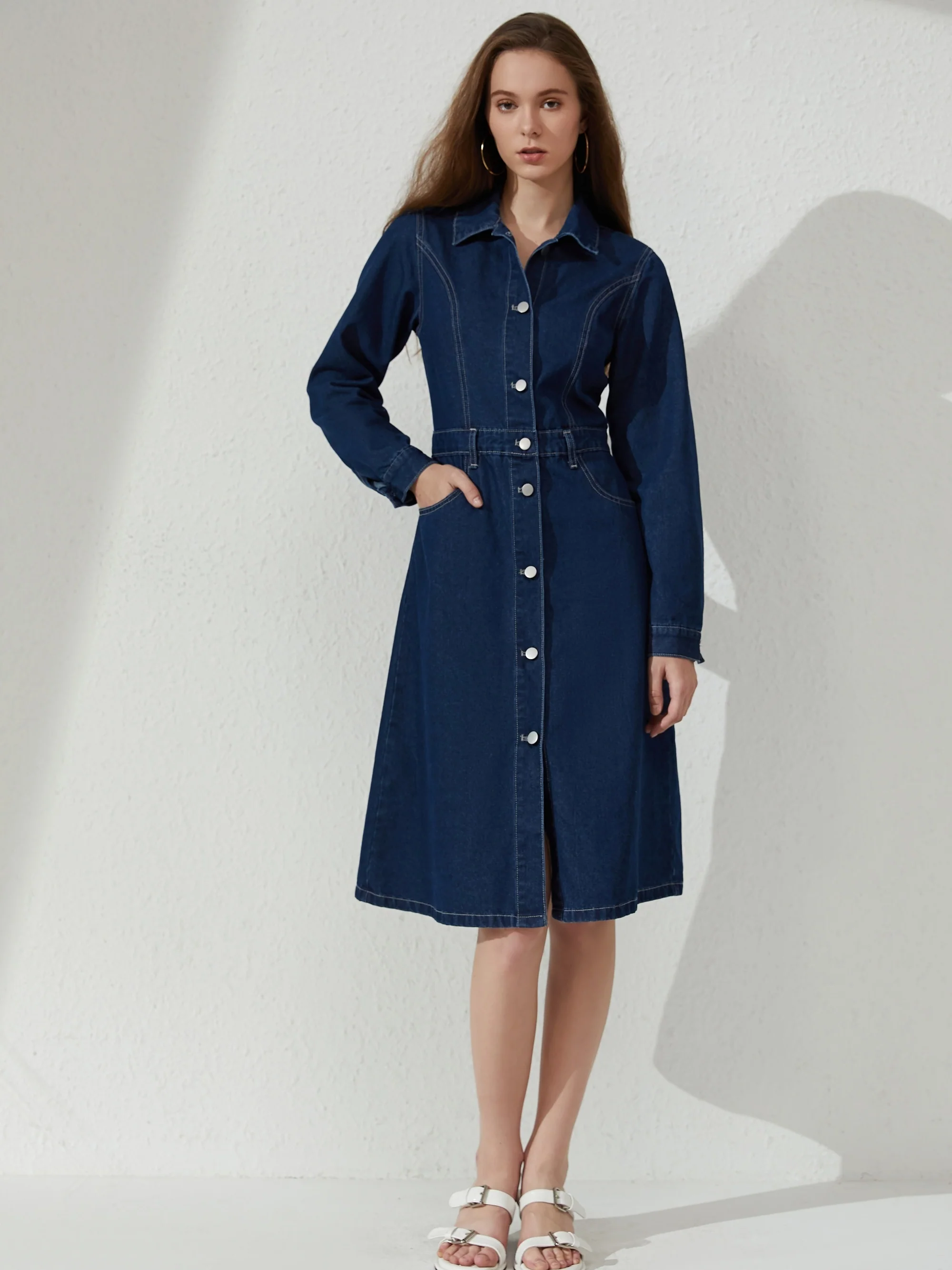 deanwangkt-1  Blue Single Breasted Button Denim Dress, Long Sleeves Slant Pockets Lapel Denim Dress, Women's Denim Clothing - Deanwangkt