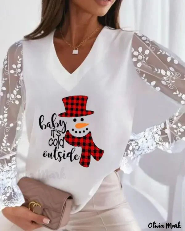 Deanwangkt - Christmas Snowman Print Contrast Lace Long Sleeve Top - Deanwangkt
