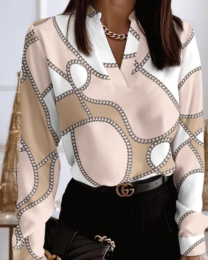 Deanwangkt - Chain Scarf Print Long Sleeve V-Neck Top - Deanwangkt