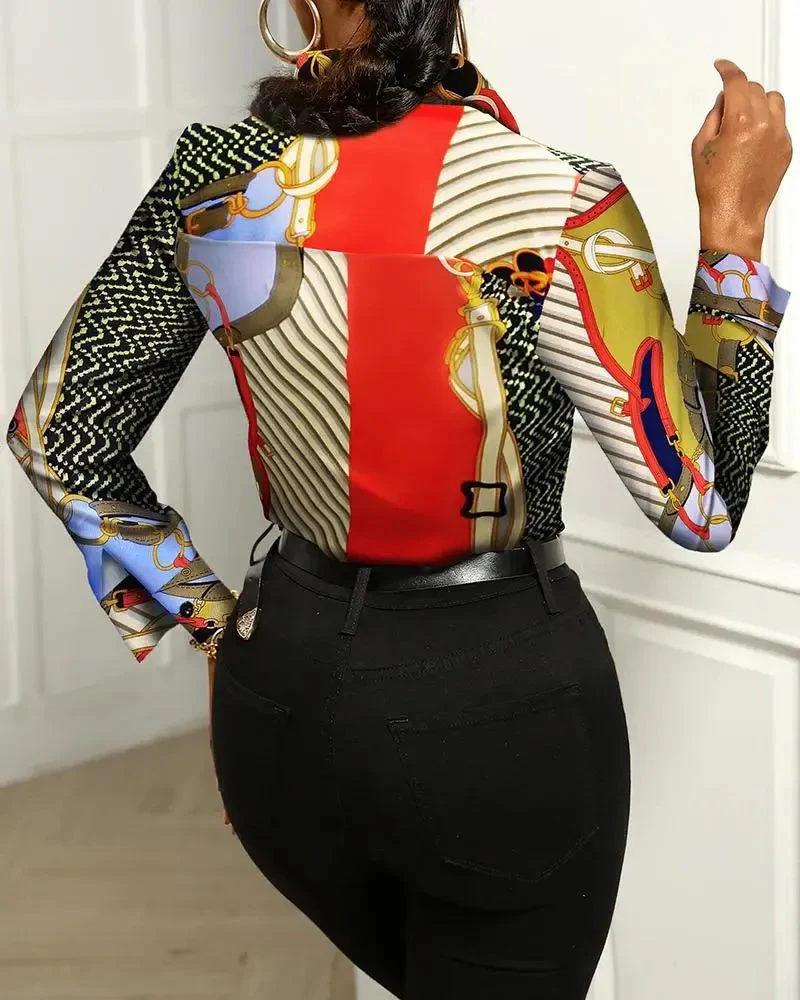 Deanwangkt - Scarf Print Button-Up Long Sleeve Shirt - Deanwangkt