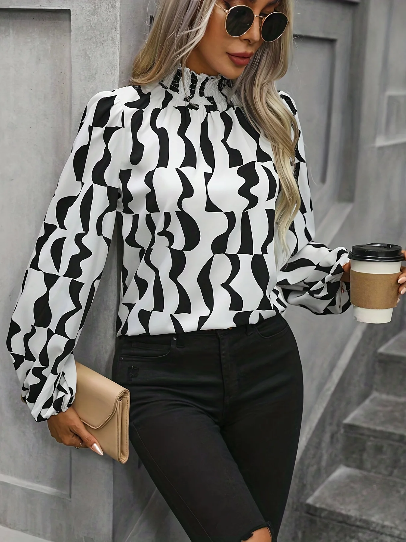 All Over Print Blouse, Elegant Long Sleeve Mock Neck Blouse, Women's Clothing - Deanwangkt