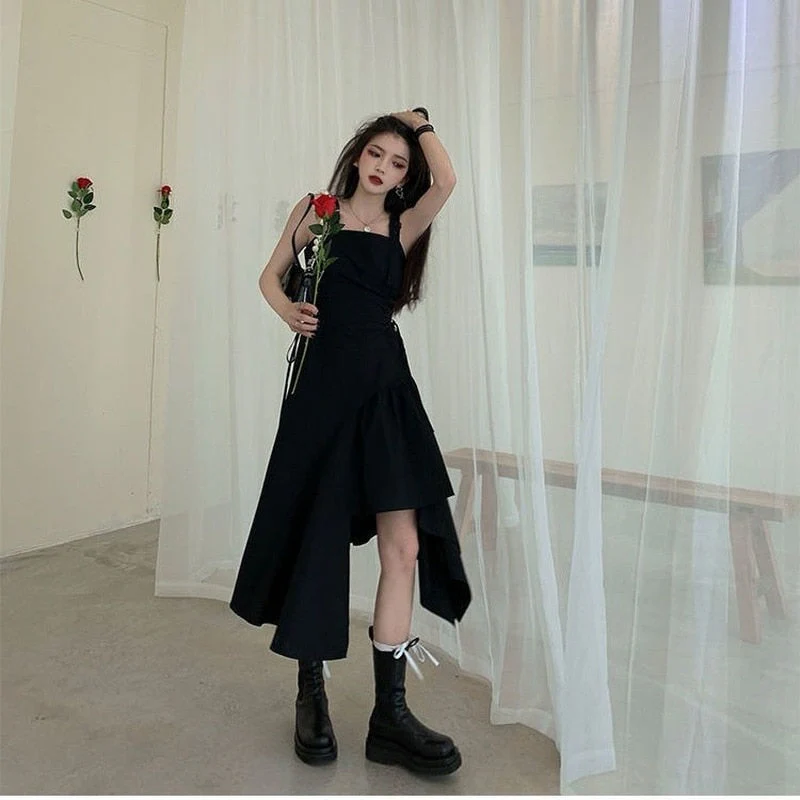 Christmas Gift  Fashion Korean Style Dress Deanwangkt Streetwear Women Summer Sundress Goth Gothic Punk Rock Harajuku Midi Dress Bandage Party - Deanwangkt