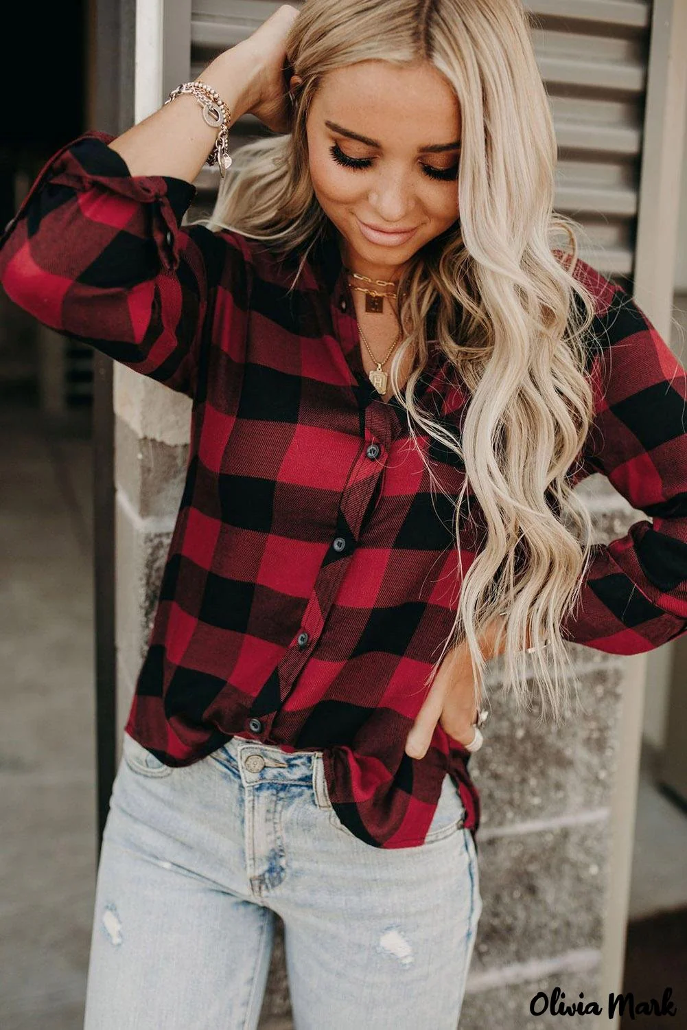 Deanwangkt - Red Buffalo Plaid Blouse with Button Pocket - Deanwangkt