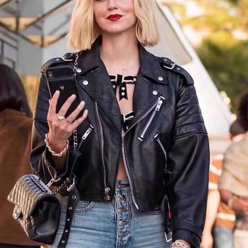 Black Friday Sales Natural Leather Women Lambskin Leather Jacket Long Sleeves 100% Sheepskin Leather Coat - Deanwangkt