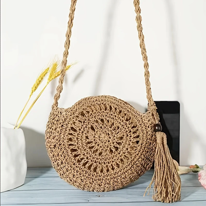 Bohemian Woven Round Shoulder Bag, Minimalist Crossbody Bag, All-Match Summer Beach Bag - Deanwangkt