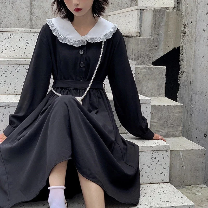 Christmas Gift Autumn Gothic Lolita Kawaii Dress Women Peter Pan Collar Long Sleeve Black Midi Dress Lace-up Mall Goth Japanese Harajuku - Deanwangkt