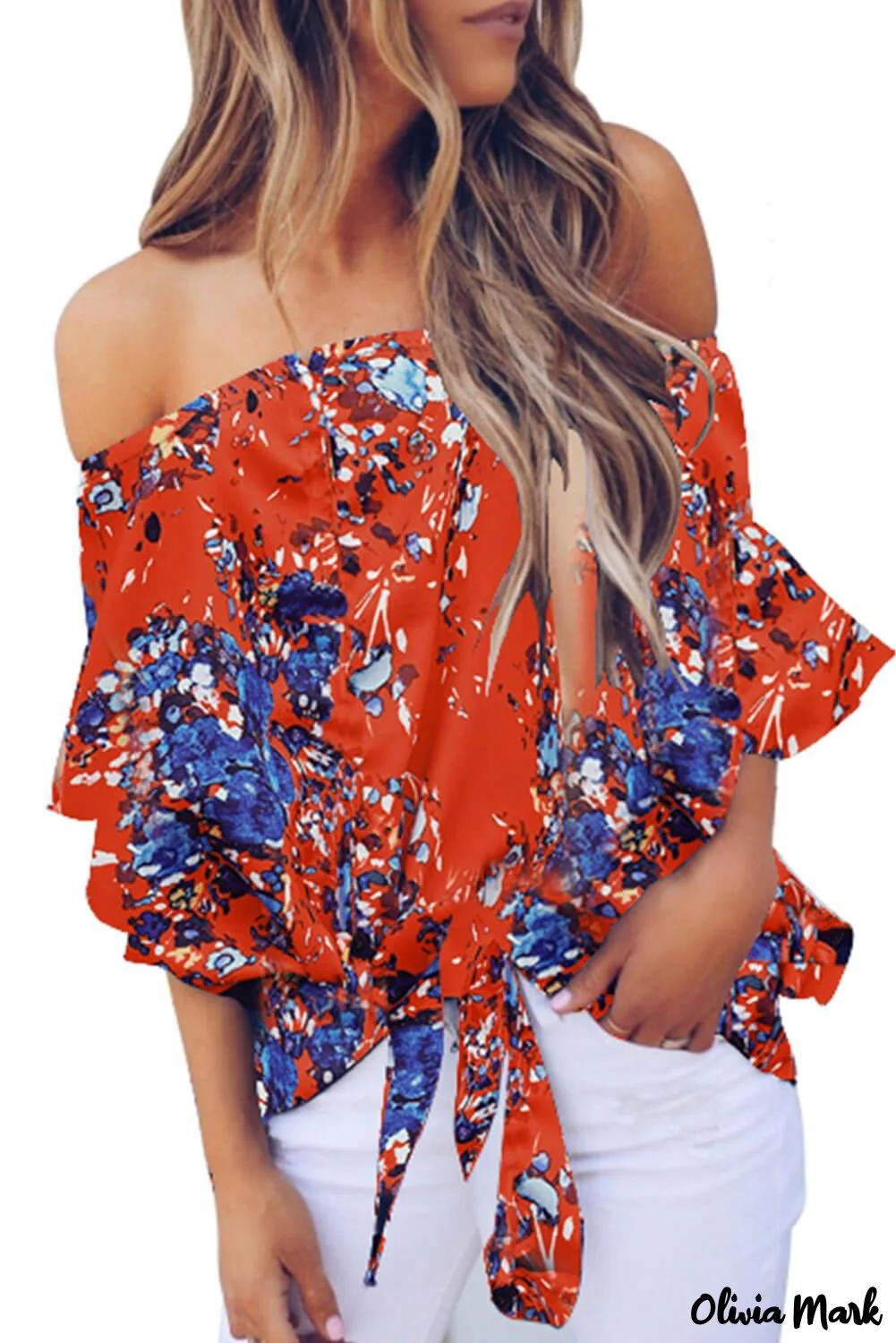 Deanwangkt - Blue Chiffon Off Shoulder Tie Front Blouse - Deanwangkt