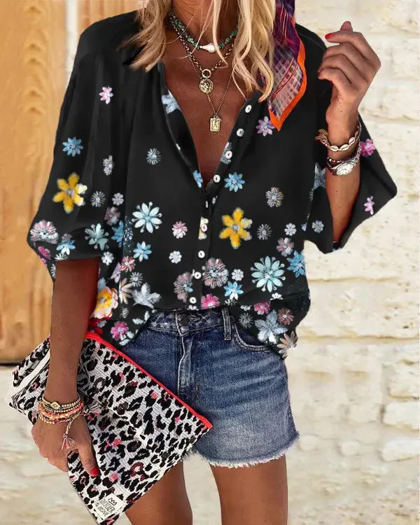Deanwangkt - Floral Print Lantern Sleeve Button Down Shirt - Deanwangkt