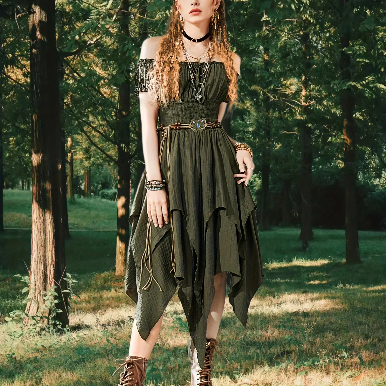 deanwangkt-1  Off Shoulder Ruffle Layered Hem Dress, Grunge Shirred Waist Dress For Spring & Summer, Women's Clothing - Deanwangkt