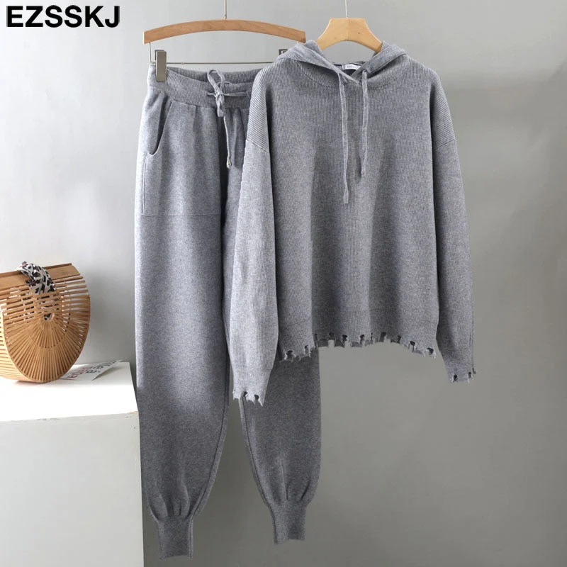 Christmas Gift 2 Pieces Set Women hooded sweater Tracksuit Turtleneck Sweater + Carrot Jogging Pants Pullover Sweater Set CHIC Knitted Outwear - Deanwangkt