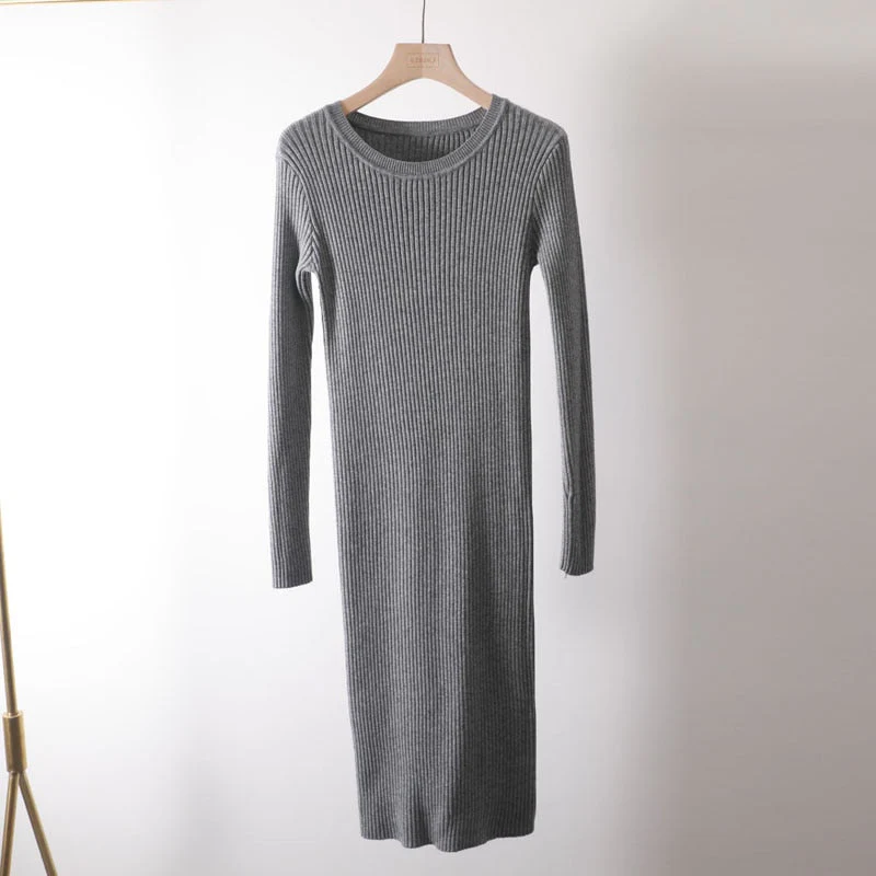 Christmas Gift Autumn Winter long Sweater dress women solid bodycon Thick dress Female Jumper O-neck slim basic knit dress Long sleeve - Deanwangkt