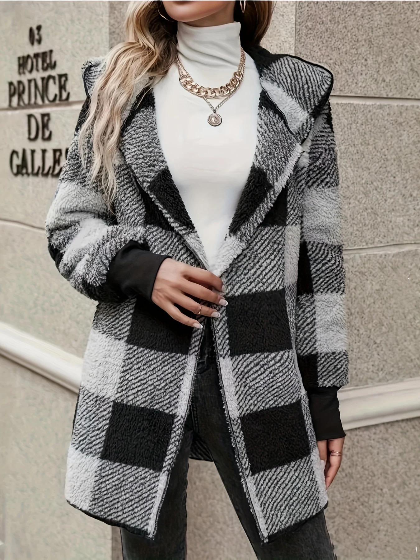 deanwangk Plaid Print Open Front Fuzzy Coat, Casual Long Sleeve Hooded Coat For Fall & Winter, Women's Clothing - Deanwangkt