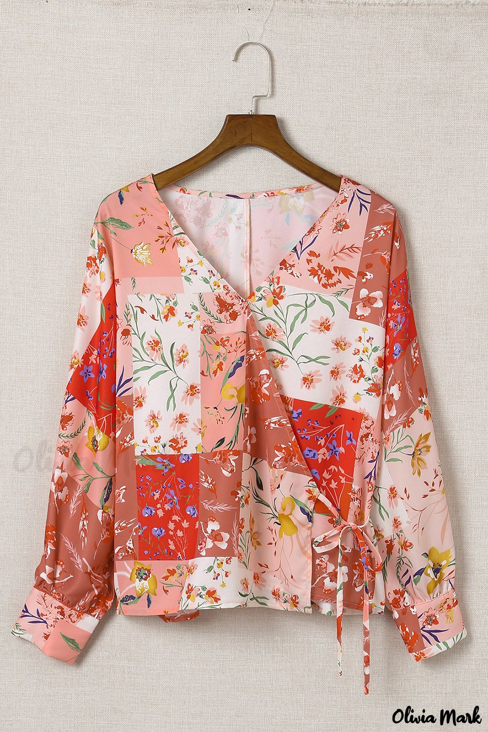Deanwangkt - Multicolor Patchwork Floral Print V-Neck Wrap Blouse - Deanwangkt