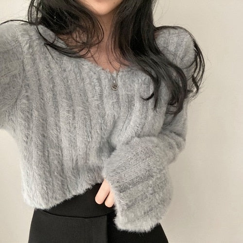 Back To School outfits Y2kpink Sweater Lazy Style Short Chic Gentle Wild Mink V-Neck Short Coat Long-Sleeved Soft Warm Sweater Outer Wear - Deanwangkt
