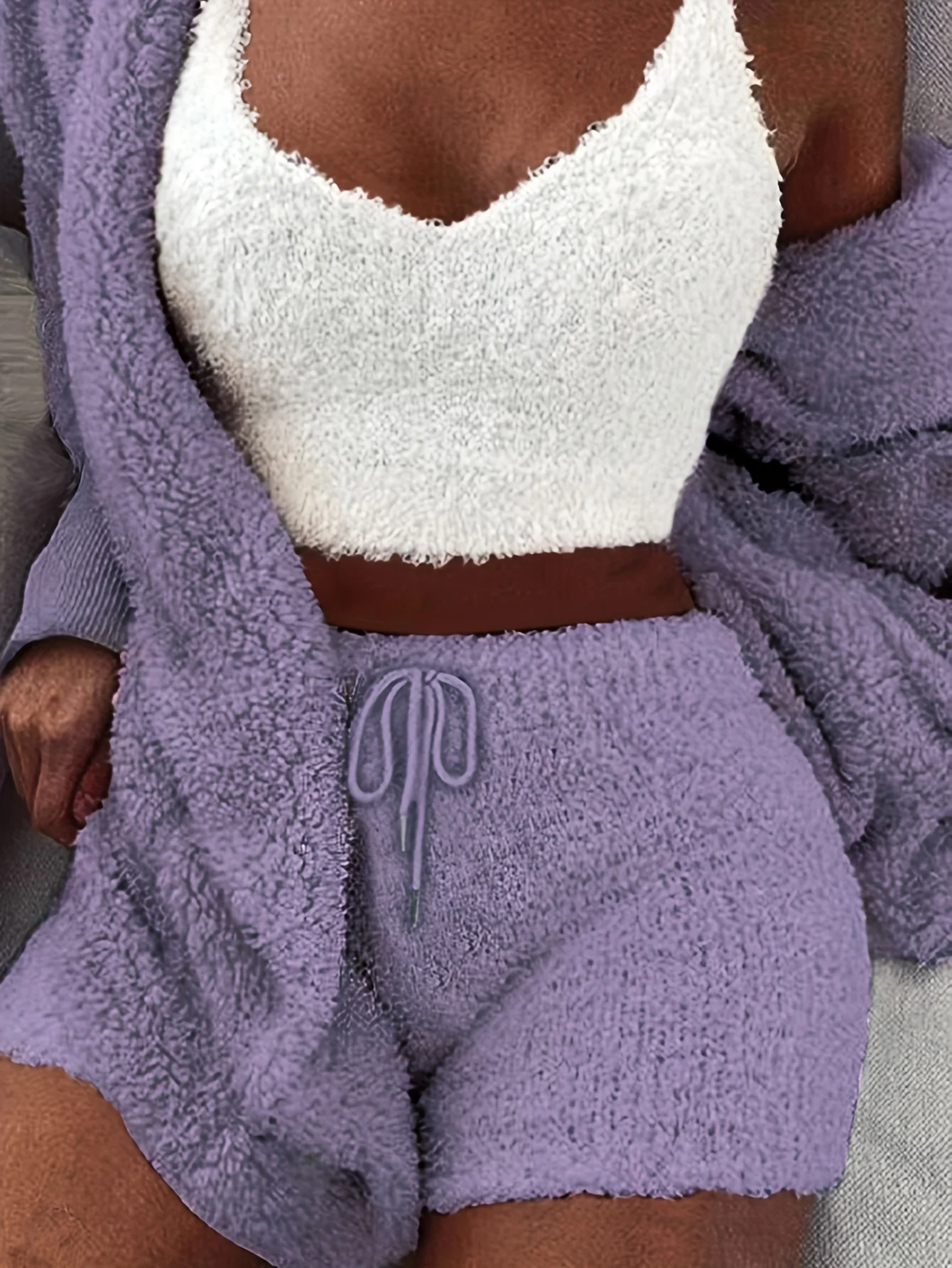 deanwangkt-1  Warm Fuzzy Pajama Set, Long Sleeve Hooded Robe & Tank Top & Drawstring Shorts, Women's Sleepwear & Loungewear - Deanwangkt