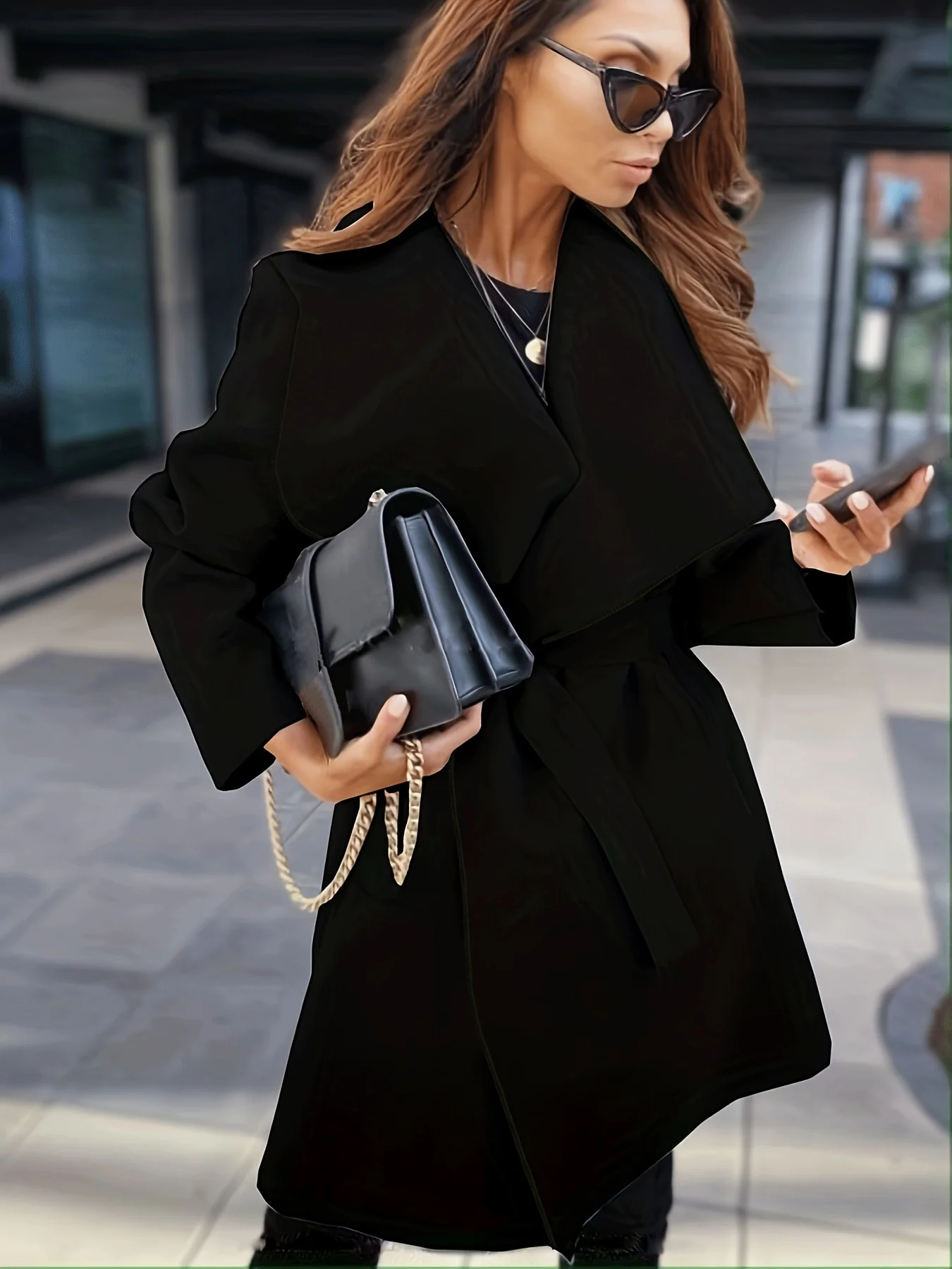 deanwangkt-1  Plus Size Elegant Coat, Women's Plus Solid Long Sleeve Waterfall Collar Open Front Woolen Coat With Belt - Deanwangkt