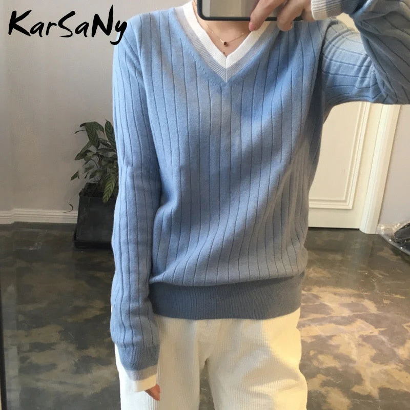 Christmas Gift Autumn V-neck Cashmere Sweater Women Vintage Jumper Blue Knitted Striped Sweaters For Women White Sweater Pullover Winter Warm - Deanwangkt