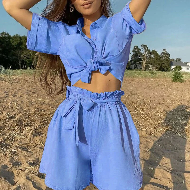 Casual Summer Shirts Two Piece Set Women Short Sleeve Button Tops And High Waist Shorts Fashion Retro Female Solid Suits Outfits - Deanwangkt