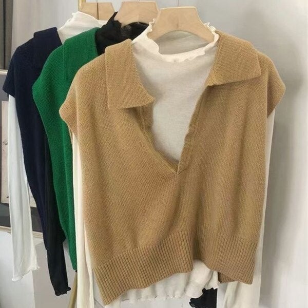 Christmas Gift Deanwangkt New Spring Autumn Women Sweaters Pullovers Striped Sleeveless Knitted POLO Collar Wild Short Vests SWV3092JX - Deanwangkt