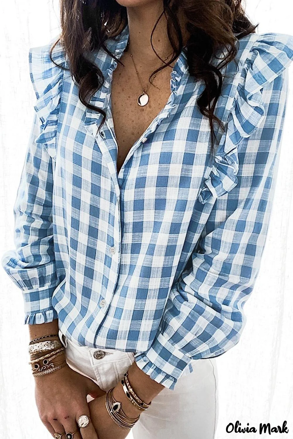 Deanwangkt - Sky blue checked ruffled button-down shirt - Deanwangkt