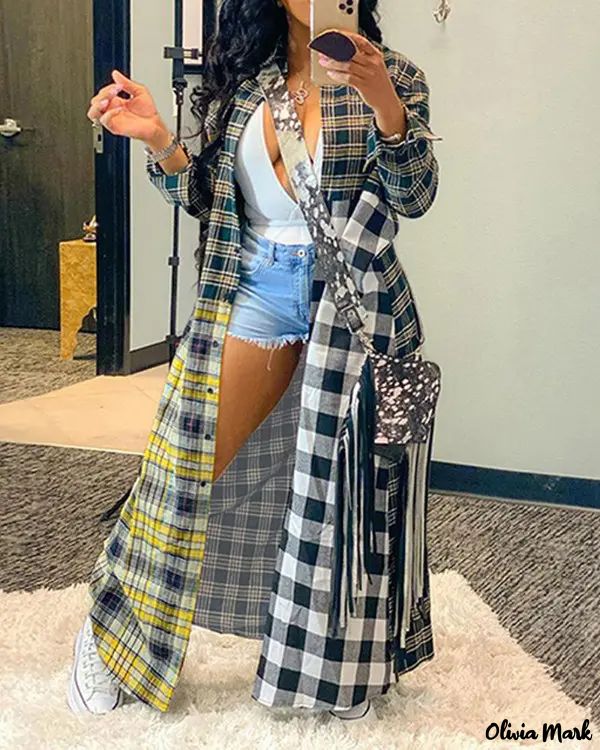 Deanwangkt - Long jacket in color block check print - Deanwangkt