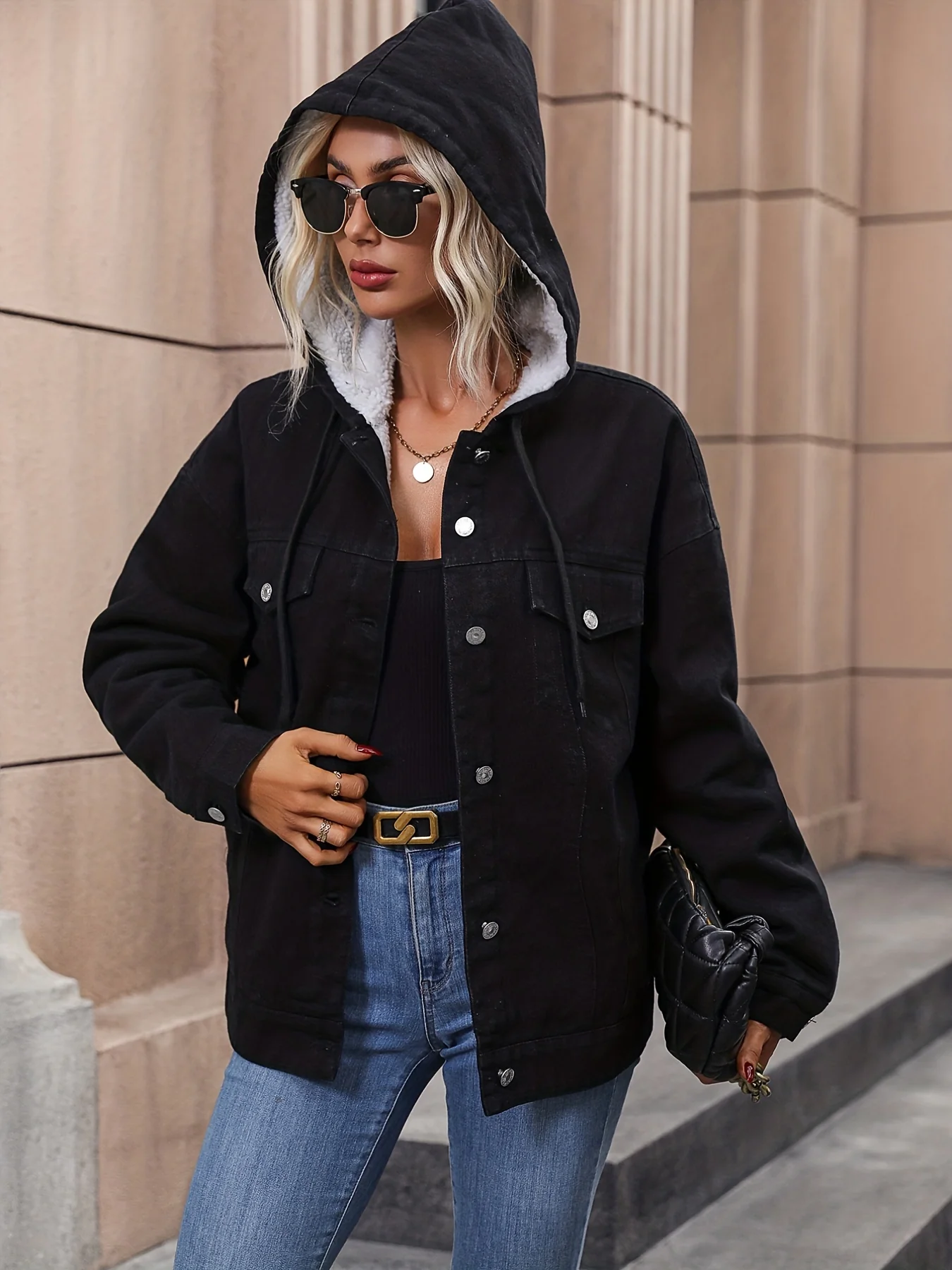 Black Fleece Liner Hooded Denim Coat, Long Sleeves Drawstring Keep Warm Denim Jacket, Women's Denim Clothing - Deanwangkt