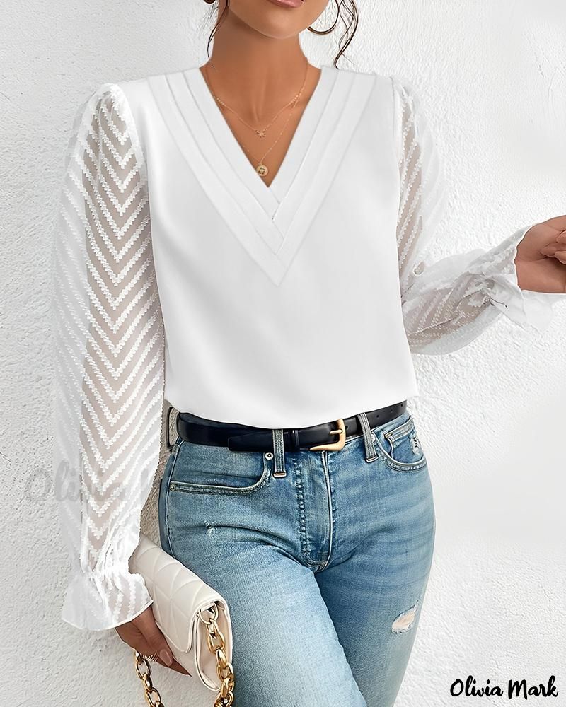 Deanwangkt - Contemporary Sheer Mesh Long Sleeve Top with Chevron Pattern - Deanwangkt