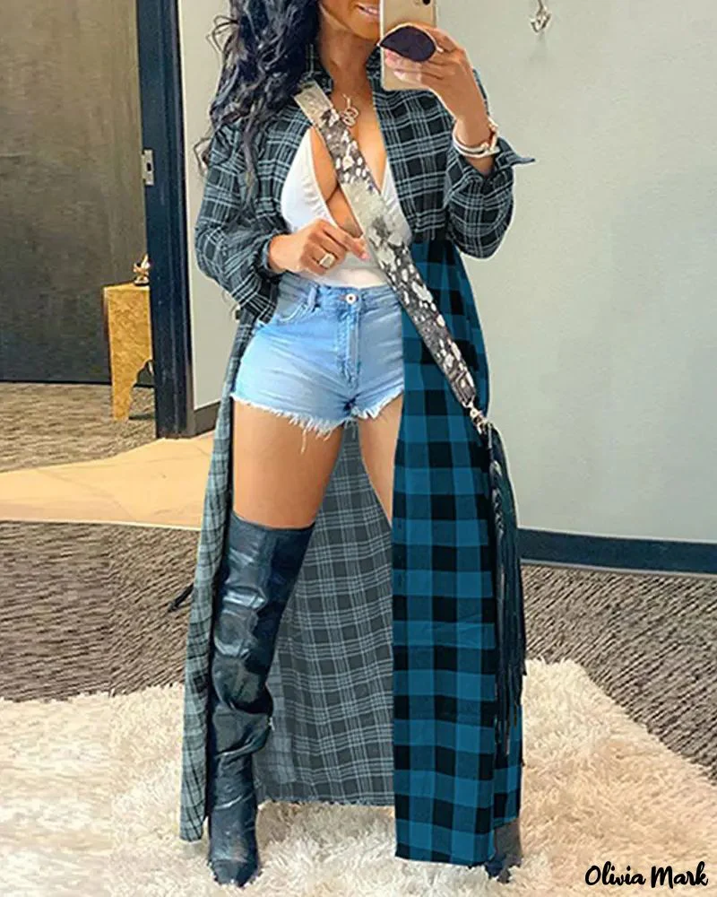 Deanwangkt - Long jacket in color block check print - Deanwangkt