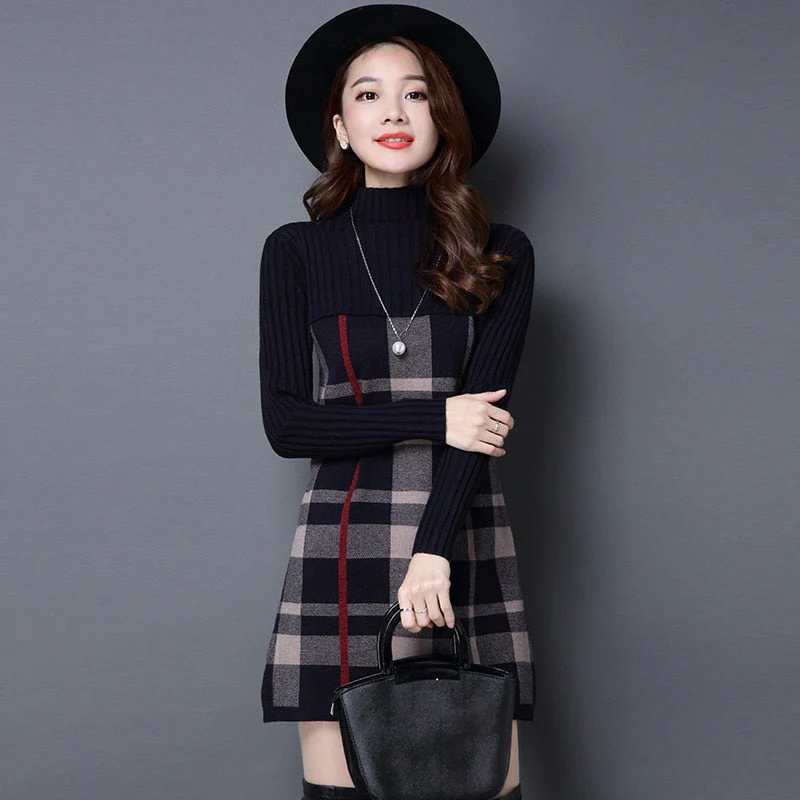 Christmas Gift Deanwangkt New Women Autumn Winter Dress Turtleneck Long Sleeve Plaid Knitted Sweater Dress Female Loose  Sweaters Pullovers Dress 315 - Deanwangkt