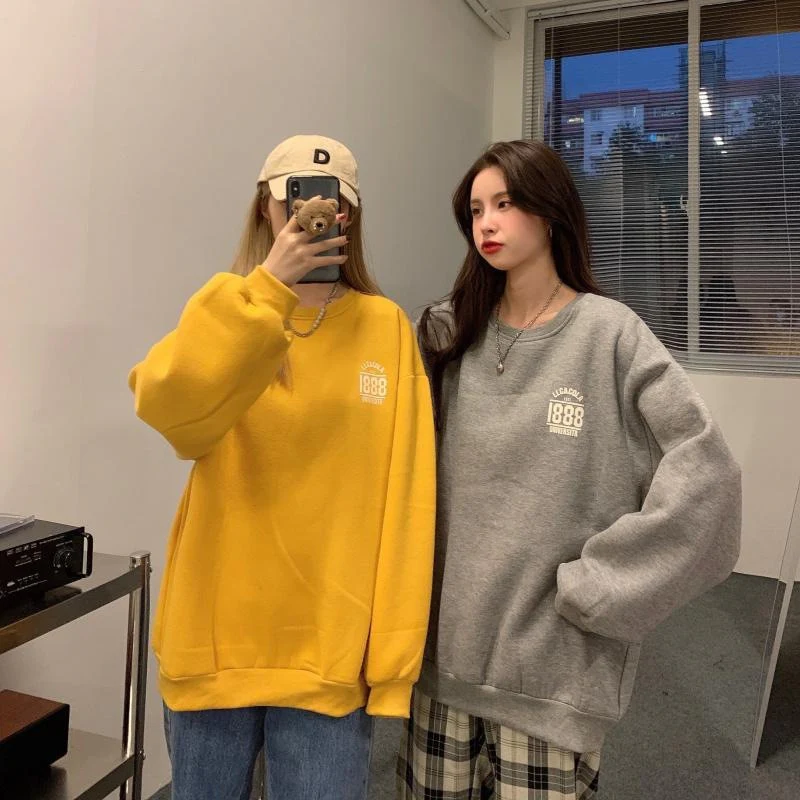 Black Friday Sales Hoodie Women's Round Neck Letter Print Inner Bottoming Hoodie Y2k Loose Trend All-Match Casual Autumn And Winter Pullover - Deanwangkt