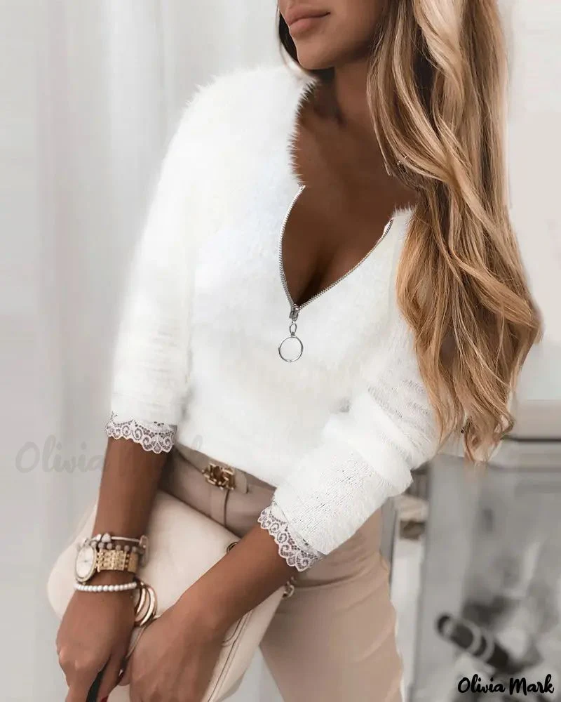 Deanwangkt - Contrast Lace Front Zipper Long Sleeve Fluffy Top - Deanwangkt