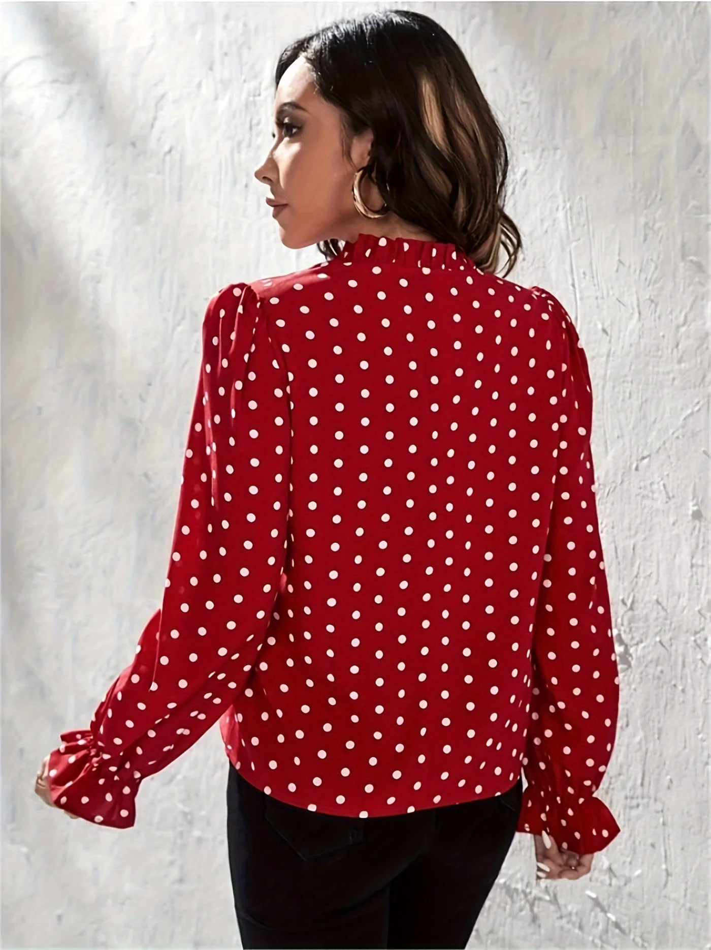 Polka-dot Print Notched Neck Blouse, Versatile Puff Sleeve Blouse For Spring & Fall, Women's Clothing - Deanwangkt