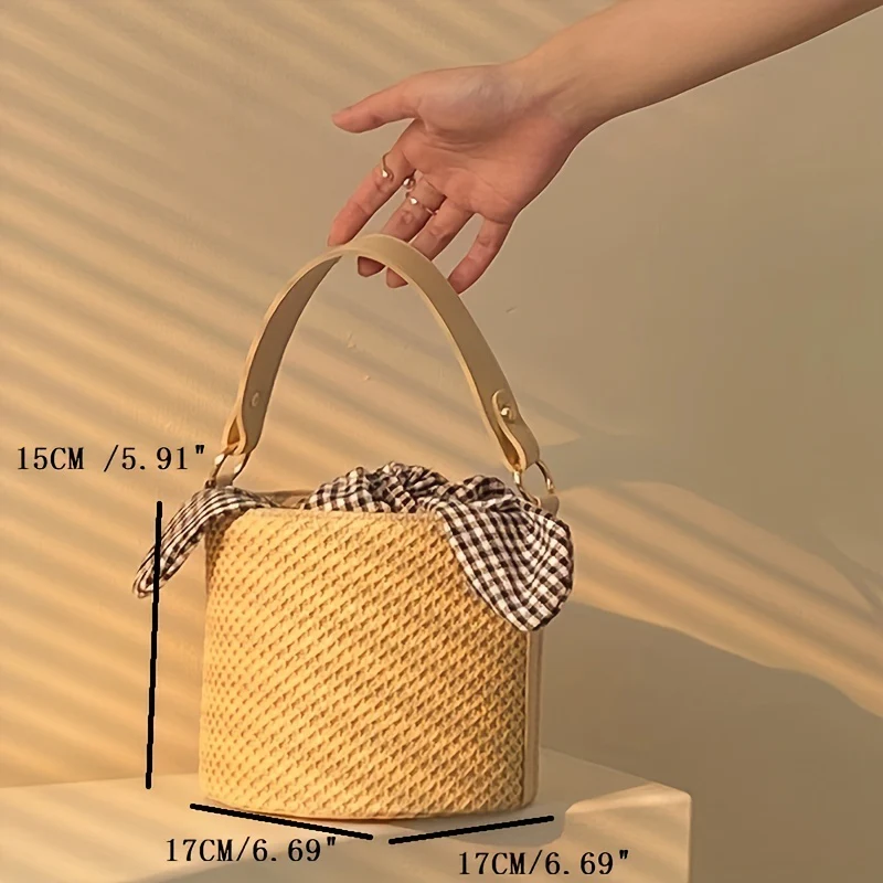 deanwangkt-1  Minimalist Straw Bucket Crossbody Bag, Summer Bohemian Shoulder Bag With Insert Plaid Pattern Twisted Pouch - Deanwangkt