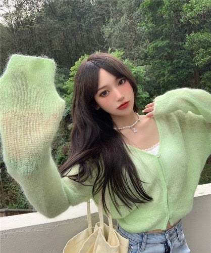 Back To School outfits Y2KV-Neck Soft Sweater Cardigan Jacket Thin Female Deanwangkt New Spring And Autumn Cashmere Mohair Short Slim Long Sleeve Jacket - Deanwangkt
