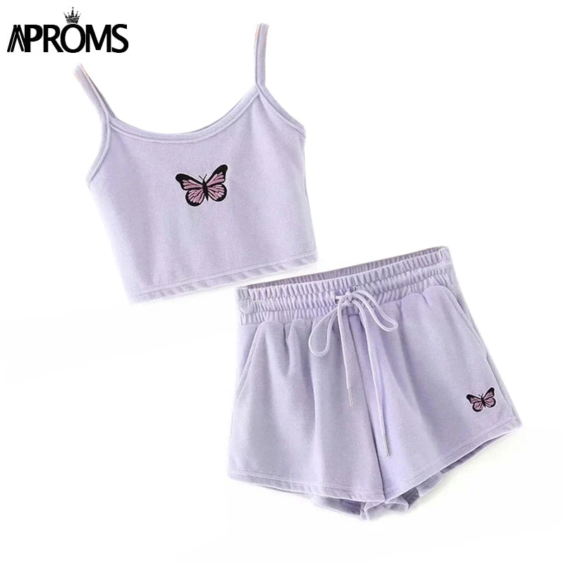 Christmas Gift Aproms Yellow Velvet Crop Top and Shorts Women 2 Pieces Set Summer Embroidery Cami Drawstring Shorts Female Loungewear Suit Deanwangkt - Deanwangkt
