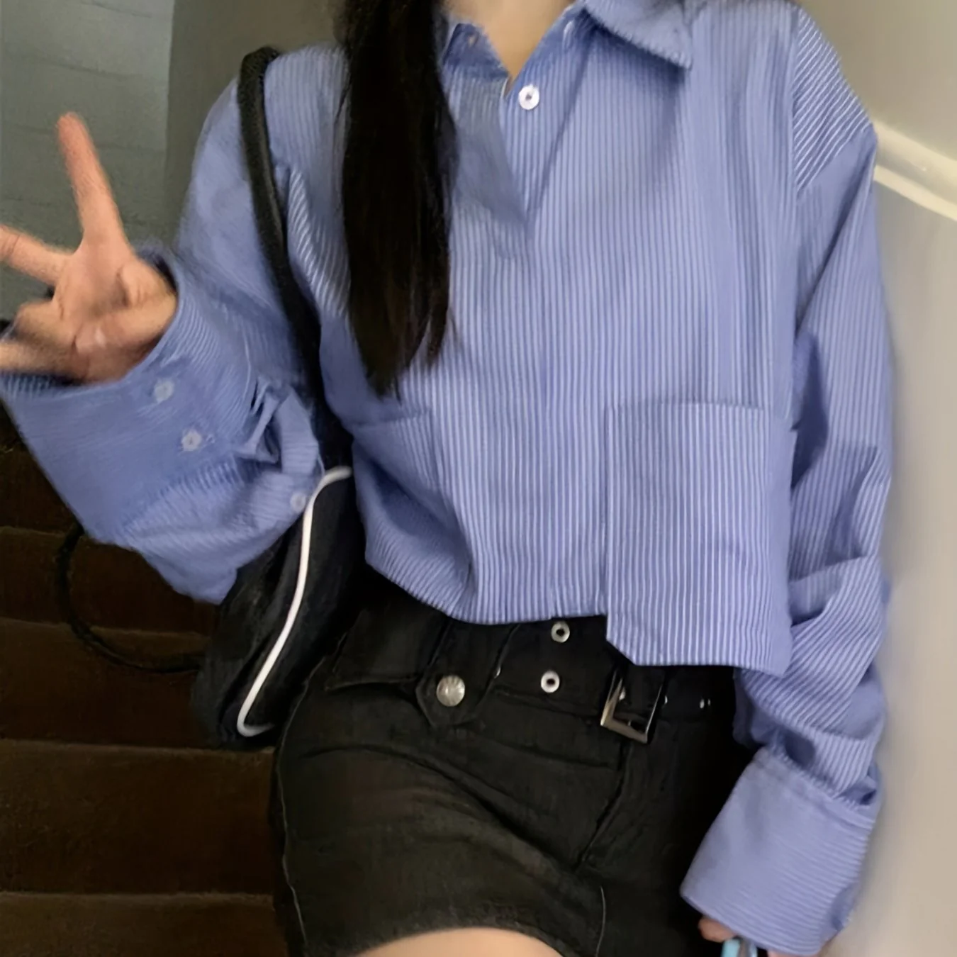 Striped Print Cropped Polo Shirt, Y2K Long Sleeve Pocket Shirt For Spring & Fall, Women's Clothing - Deanwangkt