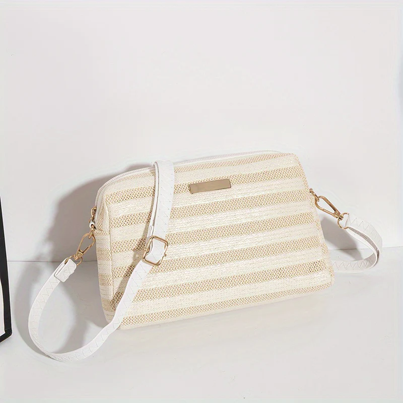 Woven Elegant Crossbody Bag, Zipper Holiday Vacation Beach Bag With Adjustable Strap - Deanwangkt